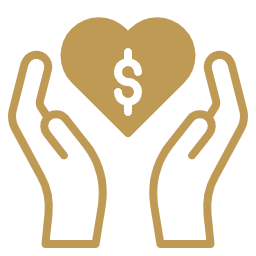 Ícone dourado com duas mãos sustentando um coração com símbolo de dinheiro.