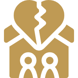 Ícone dourado representando duas pessoas abaixo de um coração partido dentro de uma casa.