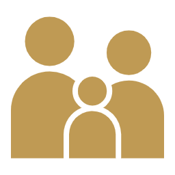 Ícone dourado representando uma família com dois adultos e uma criança.