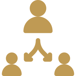Ícone dourado representando uma pessoa acima de duas outras, conectadas por linhas que simbolizam a divisão de bens.