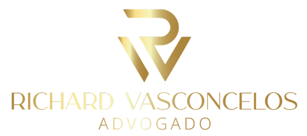 Logotipo dourado com as iniciais RV e o nome Richard Vasconcelos Advogado em fundo transparente.